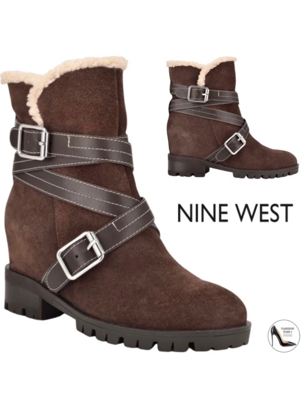 Nine West Davyd Wedge Buckle Booties Brown Suede Leather Women's Winter Boots 8